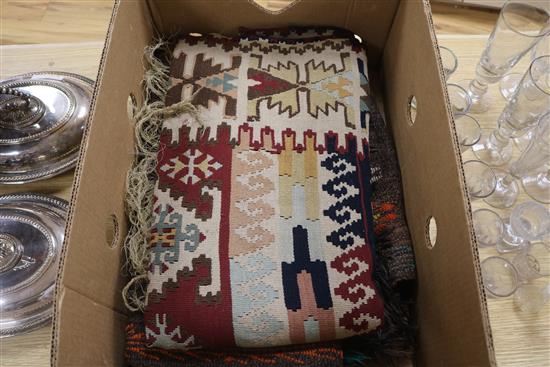 Three Paisley shawls, a women silk stole, kelim etc